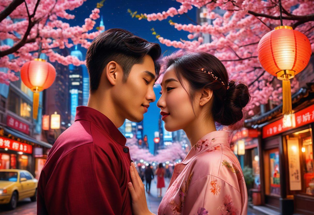 A vibrant collage showcasing a young Asian couple in a romantic setting, juxtaposed with headlines and mock tabloid covers in the background, depicting their love story under the glare of media attention. Include traditional Asian cultural elements like lanterns and cherry blossoms, alongside modern urban features such as skyscrapers and neon lights. The overall mood should reflect both the warmth of teen love and the sharp edge of tabloid sensationalism. vibrant colors. mixed media.