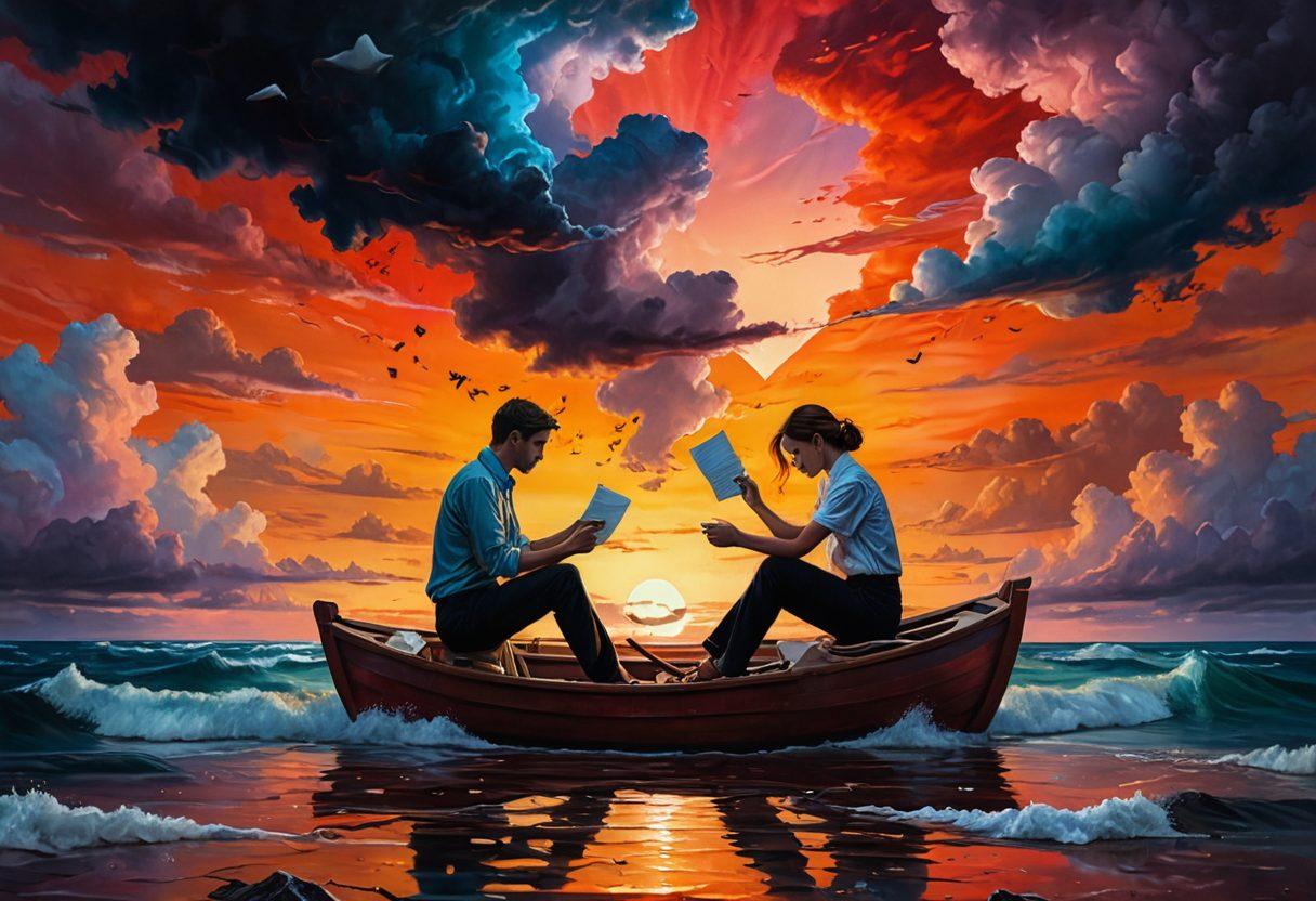 A dramatic scene featuring a couple in the midst of a romantic dispute, surrounded by floating insurance papers and broken hearts, symbolizing the clash between love and financial obligations. The background should depict a split scene: one side lush and vibrant with a sunset, the other side dark and cloudy to represent the turmoil. Incorporate whimsical details like love letters turning into insurance forms. surreal painting. vibrant colors. high contrast.