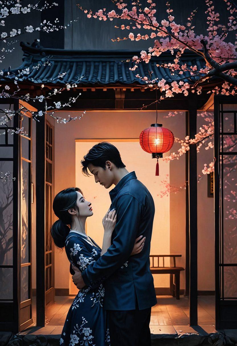 A dramatic scene depicting a split canvas: one side shows a couple in a romantic setting with traditional Asian elements, while the other side reveals shadows of deceit with insurance documents and hidden secrets. The colors should reflect the contrast between love (warm reds and pinks) and betrayal (dark blues and grays). Incorporate subtle symbols like cherry blossoms and broken hearts to enhance the theme. super-realistic. vibrant colors.